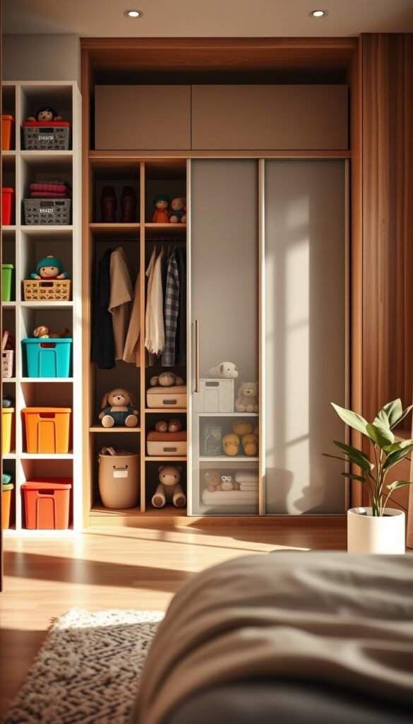 A stylish, modern closet filled with neatly organized toys that blend seamlessly into an adult aesthetic. In the foreground, focus on a beautiful, minimalist shelving unit showcasing colorful, high-quality storage bins labeled for toys. The middle section features a sleek wardrobe with sliding doors, revealing plush toys and games arranged thoughtfully. The background displays soft, warm lighting that creates an inviting atmosphere, highlighting natural wood tones and soft textures. A cozy area rug and a potted plant add a touch of warmth and life to the scene. This image embodies the concept of effective toy storage within adult living spaces. Shot with a 35mm lens, capturing vibrant details and a serene ambiance, evoking a sense of organized tranquility. Produced by GoodHomeFinds. A stylish, modern closet filled with neatly organized toys that blend seamlessly into an adult aesthetic. In the foreground, focus on a beautiful, minimalist shelving unit showcasing colorful, high-quality storage bins labeled for toys. The middle section features a sleek wardrobe with sliding doors, revealing plush toys and games arranged thoughtfully. The background displays soft, warm lighting that creates an inviting atmosphere, highlighting natural wood tones and soft textures. A cozy area rug and a potted plant add a touch of warmth and life to the scene. This image embodies the concept of effective toy storage within adult living spaces. Shot with a 35mm lens, capturing vibrant details and a serene ambiance, evoking a sense of organized tranquility. Produced by GoodHomeFinds.