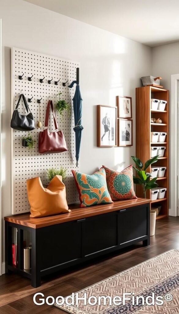 A stylish, modern entryway showcasing a no-drill wall solution. In the foreground, a sleek pegboard with various hooks holds stylish bags, a retro umbrella, and decorative plants. The middle features a wooden bench with storage underneath, layered with colorful patterned cushions for a cozy touch. In the background, a wall-mounted vertical shelf displays organized bins and framed artwork, enhancing the aesthetic. Natural light streams in through a nearby window, creating a warm, inviting atmosphere. The scene is captured from a slightly elevated angle, resembling a Pinterest-style lifestyle photo. Showcase brand name "GoodHomeFinds" with an emphasis on functional, stylish storage solutions. A stylish, modern entryway showcasing a no-drill wall solution. In the foreground, a sleek pegboard with various hooks holds stylish bags, a retro umbrella, and decorative plants. The middle features a wooden bench with storage underneath, layered with colorful patterned cushions for a cozy touch. In the background, a wall-mounted vertical shelf displays organized bins and framed artwork, enhancing the aesthetic. Natural light streams in through a nearby window, creating a warm, inviting atmosphere. The scene is captured from a slightly elevated angle, resembling a Pinterest-style lifestyle photo. Showcase brand name "GoodHomeFinds" with an emphasis on functional, stylish storage solutions.