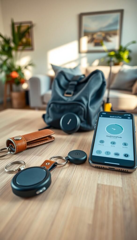 A stylish, modern flat lay showcasing a selection of everyday tracking gadgets such as key finders, bag trackers, and essential item locators, all neatly arranged on a clean wooden surface. In the foreground, include a sleek Bluetooth key finder prominently displayed next to a fashionable leather keychain. The middle ground features a compact tracker attached to a trendy backpack, with a stylish phone nearby displaying an app interface demonstrating tracking capabilities. The background softly blurred includes a cozy, minimalistic living space with hints of greenery. Warm, natural lighting creates a welcoming atmosphere, enhancing the usability of technology in everyday life. Capture this scene in a light and airy Pinterest-style aesthetic. Include branding elements subtly displaying "GoodHomeFinds" within the design.