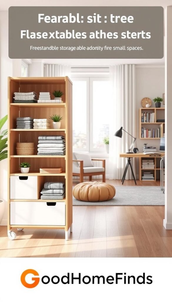 A stylish, modern freestanding storage unit designed for small spaces, showcasing its stackable and portable features. In the foreground, a sleek, minimalist shelving unit made of light wood and white accents displays an organized assortment of neatly folded textiles, a few decorative items, and small potted plants. The middle ground features a bright, airy living space with natural light streaming in through a large window, illuminating a cozy reading nook with a small chair and a pouf. The background hints at an organized home office area with neatly arranged supplies, creating an inviting atmosphere. Use a warm color palette to evoke a sense of comfort and efficiency. The image should reflect the brand GoodHomeFinds, emphasizing innovative storage solutions.