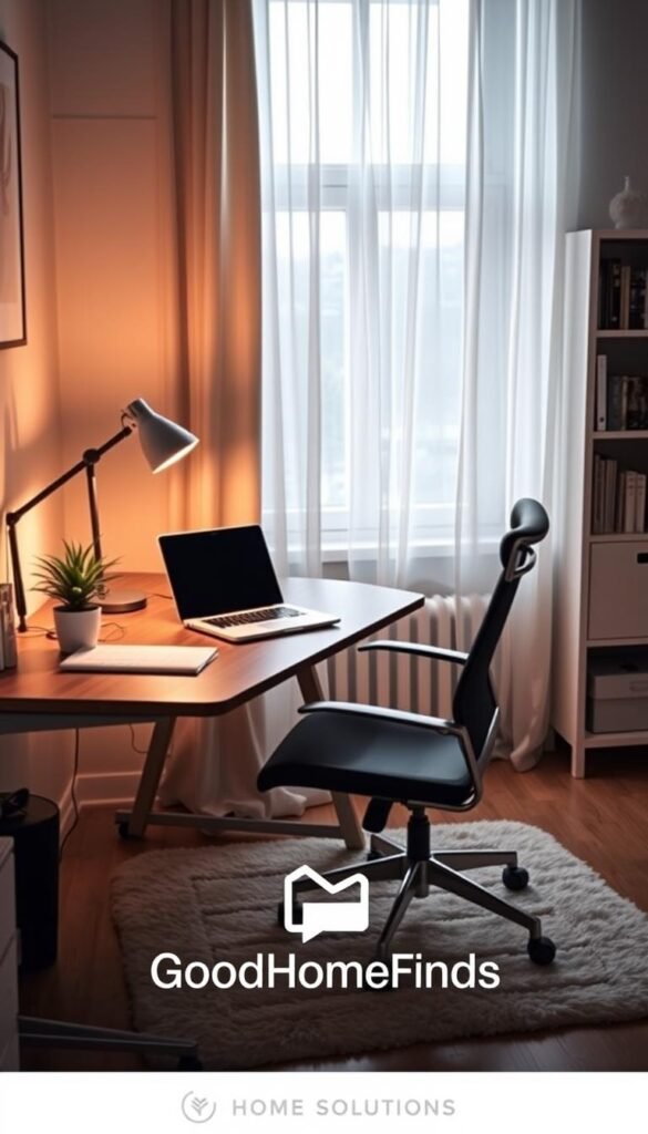 A stylish, modern home office desk setup reflecting comfort and productivity. In the foreground, a sleek wooden desk adorned with a cozy, ergonomic chair. A laptop sits open next to a stylish desk lamp that casts a warm glow, surrounded by neatly organized stationery and a calming potted plant. In the middle, a soft rug grounds the scene, adding warmth, while a small bookshelf filled with books and decor enhances the workspace. In the background, a window lets in natural light, illuminating sheer curtains that billow slightly, creating an inviting and airy atmosphere. The overall mood is serene and professional, capturing the essence of work-from-home comfort. GoodHomeFinds logo subtly featured, emphasizing the theme of home solutions.