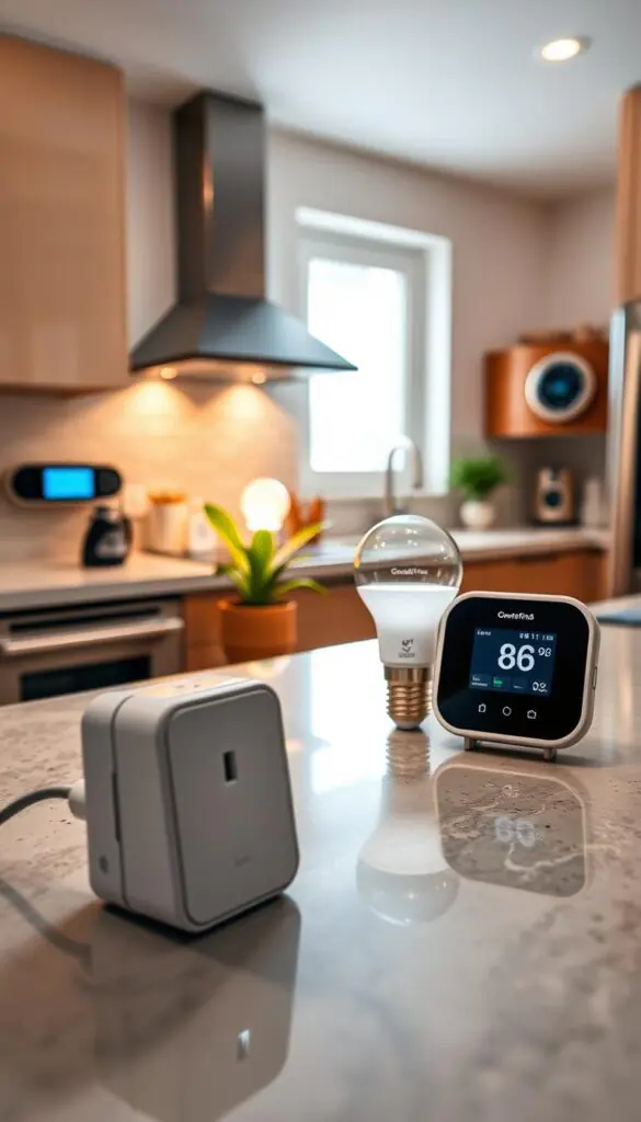 A stylish, modern kitchen countertop featuring a variety of energy-saving gadgets, including smart plugs, LED light bulbs, a programmable thermostat, and energy-efficient appliances. In the foreground, focus on a sleek, compact smart plug with a soft glow indicating its functionality. The middle layer showcases an elegant countertop with a stylish LED bulb illuminating a potted plant, while a modern thermostat is mounted on the wall behind. The background features a bright, airy kitchen with natural sunlight streaming in through a window, highlighting the eco-friendly ambiance. The scene is captured with soft, diffused lighting, in a warm color palette to convey a sense of comfort and sustainability, emphasizing the innovative designs of these gadgets, all branded "GoodHomeFinds."