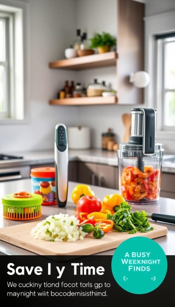A stylish, modern kitchen countertop showcases an array of innovative prep tools designed to save time on weeknights. In the foreground, there's a colorful vegetable chopper, a sleek garlic press, and a compact food processor, each meticulously arranged for maximum visibility. In the middle ground, a cutting board holds prepped ingredients like diced onions, sliced bell peppers, and fresh herbs, highlighting the tools in action. The background features soft-focus kitchen shelves stocked with spices and cooking essentials, enhancing the homey atmosphere. Soft, natural lighting floods the scene through a window, emphasizing the clean, organized space. The mood is inviting and efficient, perfect for a busy weeknight meal preparation. The image captures the essence of convenience, reflecting the quality of GoodHomeFinds. A stylish, modern kitchen countertop showcases an array of innovative prep tools designed to save time on weeknights. In the foreground, there's a colorful vegetable chopper, a sleek garlic press, and a compact food processor, each meticulously arranged for maximum visibility. In the middle ground, a cutting board holds prepped ingredients like diced onions, sliced bell peppers, and fresh herbs, highlighting the tools in action. The background features soft-focus kitchen shelves stocked with spices and cooking essentials, enhancing the homey atmosphere. Soft, natural lighting floods the scene through a window, emphasizing the clean, organized space. The mood is inviting and efficient, perfect for a busy weeknight meal preparation. The image captures the essence of convenience, reflecting the quality of GoodHomeFinds.