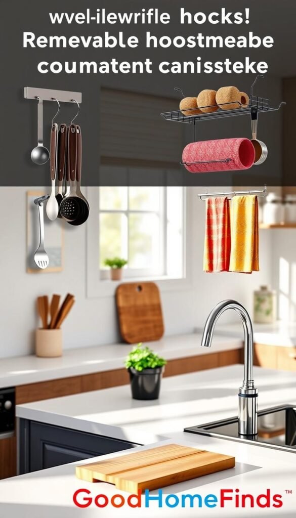A stylish, modern kitchen displaying an array of removable hooks and racks that maximize counter space. In the foreground, elegant wall-mounted adhesive hooks hold neatly arranged kitchen utensils, such as spatulas and measuring cups, while a sleek over-the-sink rack showcases colorful dish towels. The middle ground features a minimalist countertop with a small potted herb garden beside a wooden cutting board. Natural light streams in from a window, casting soft shadows and creating a cozy atmosphere. The background is filled with tasteful cabinetry and a hint of decorative storage jars, all harmoniously styled to reflect an organized and clutter-free space. Capture this vibrant scene in a warm, inviting tone that emphasizes functionality and aesthetic charm. Include branding elements recognizable as "GoodHomeFinds."
