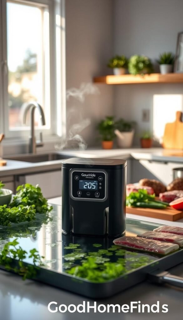 A stylish, modern kitchen featuring a sleek sous vide immersion circulator set to a precise temperature display, surrounded by fresh ingredients like herbs, vegetables, and cuts of meat poised for cooking. In the foreground, the immersion circulator is elegantly submerged in a clear water bath, steam gently rising to create an inviting atmosphere. The middle ground showcases a wooden cutting board with freshly chopped ingredients, while subtle kitchen tools and utensils are arranged harmoniously. Soft, natural lighting filters in from a nearby window, creating warm highlights and shadows that enhance the inviting mood. The background shows minimalist cabinetry and a few decorative plants, emphasizing a clean, organized space. A hint of modernity is added through stainless steel accents. High-resolution image capturing a sophisticated yet approachable kitchen scene, showcasing "GoodHomeFinds" branded elements.