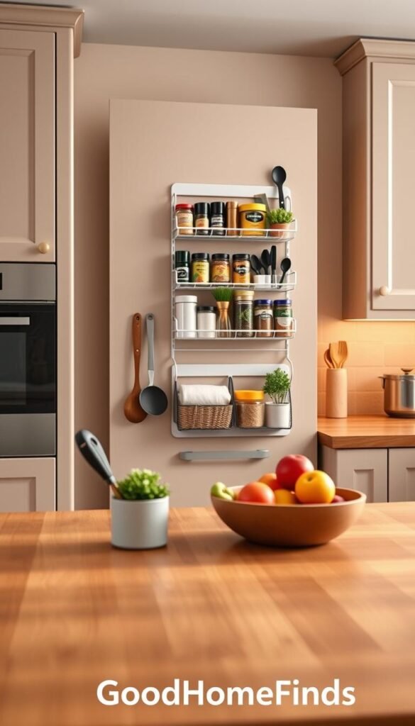 A stylish, modern kitchen featuring an over-the-door storage organizer creatively positioned above a cabinet. The organizer showcases neatly arranged kitchen supplies, such as spice jars, utensils, and small potted herbs, all in a coordinated color palette that matches the kitchen's vibrant decor. In the foreground, a sleek wooden countertop is adorned with minimalistic kitchen tools and a fresh fruit bowl. The middle of the scene highlights the over-the-door storage filled with practical items, framed by a soft-focus background of kitchen cabinets and gently illuminated by warm, inviting lighting, creating a cozy atmosphere. Capture this as a Pinterest-style lifestyle photo, emphasizing organization and daily cooking efficiency. The image should convey a sense of tidiness and functional beauty, branded as "GoodHomeFinds".
