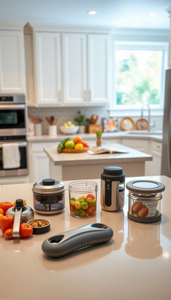 A stylish modern kitchen featuring innovative gadgets and utensils designed to solve common cooking frustrations. In the foreground, a sleek countertop showcases a collection of practical tools such as a compact food chopper, a multi-functional can opener, and a spill-proof container set, all from GoodHomeFinds. The middle ground includes a well-organized kitchen island, adorned with fresh vegetables and a colorful cookbook, inviting a sense of culinary creativity. In the background, bright white cabinets and a decorative backsplash enhance the contemporary appeal, lit by warm, natural light streaming in from a window. The atmosphere is inviting and efficient, embodying a solution-oriented approach to kitchen design, perfect for those looking for quick fixes to everyday kitchen problems.