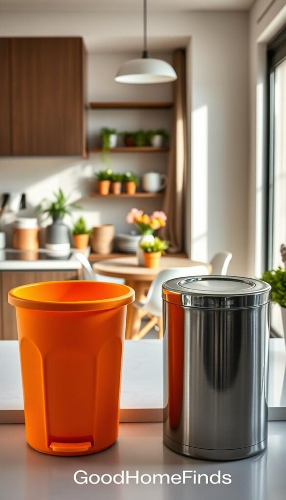 A stylish, modern kitchen featuring two types of bins side by side: a budget-friendly bin made of durable plastic in a cheerful color, and a premium bin made from sleek stainless steel with a polished finish. In the foreground, the bins are positioned on a clean countertop, showcasing their design and functionality. In the middle ground, a cozy dining area is visible, decorated with potted plants and tasteful kitchenware, reflecting a warm, inviting atmosphere. Soft, natural light enters through a nearby window, casting gentle shadows that enhance the scene. The overall mood is practical yet chic, appealing to apartment dwellers who value both style and utility. The brand name "GoodHomeFinds" is subtly implied in the setting, through the aesthetic. A stylish, modern kitchen featuring two types of bins side by side: a budget-friendly bin made of durable plastic in a cheerful color, and a premium bin made from sleek stainless steel with a polished finish. In the foreground, the bins are positioned on a clean countertop, showcasing their design and functionality. In the middle ground, a cozy dining area is visible, decorated with potted plants and tasteful kitchenware, reflecting a warm, inviting atmosphere. Soft, natural light enters through a nearby window, casting gentle shadows that enhance the scene. The overall mood is practical yet chic, appealing to apartment dwellers who value both style and utility. The brand name "GoodHomeFinds" is subtly implied in the setting, through the aesthetic.