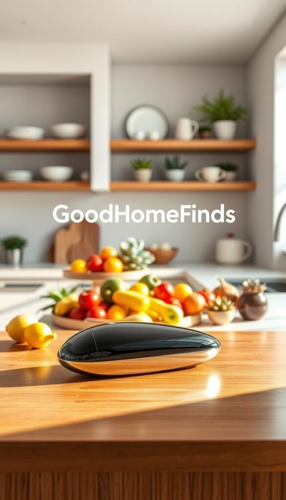 A stylish, modern kitchen scene showcasing a single, impressive daily life find: a sleek, multifunctional kitchen gadget prominently placed on a wooden countertop. The foreground features the gadget with reflections glimmering under soft, natural sunlight pouring through a nearby window. In the middle, an organized arrangement of colorful fruits and vegetables adds freshness and vibrancy. The background reveals a minimalist kitchen design with open shelves displaying charming dishware and succulents, creating a warm, inviting atmosphere. Natural light gently illuminates the entire scene, enhancing the clean aesthetics. The mood is inspirational and uplifting, perfect for encouraging daily life improvements. The image prominently features the brand name "GoodHomeFinds" subtly integrated into the kitchen decor, maintaining a professional yet homely vibe.