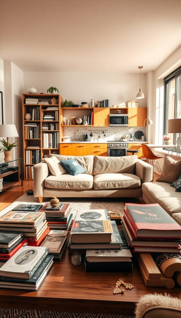 A stylish, modern living room demonstrating the pitfalls of small space product choices. In the foreground, a cluttered coffee table with unnecessary decorative items and oversized books, symbolizing common money-wasters. The middle ground features a cramped sofa positioned too close to a bulky bookshelf overflowing with items, illustrating poor space management. In the background, a small kitchen area is cluttered with unpractical gadgets, emphasizing ineffective small-space solutions. Warm, natural lighting streams in through a large window, creating a cozy yet chaotic atmosphere. The perspective is slightly elevated, offering a comprehensive view of the small space&rsquo;s layout. The scene is designed to evoke a sense of frustration and highlight the importance of thoughtful design choices for small areas. Styled in a Pinterest-inspired aesthetic, inspired by "GoodHomeFinds."