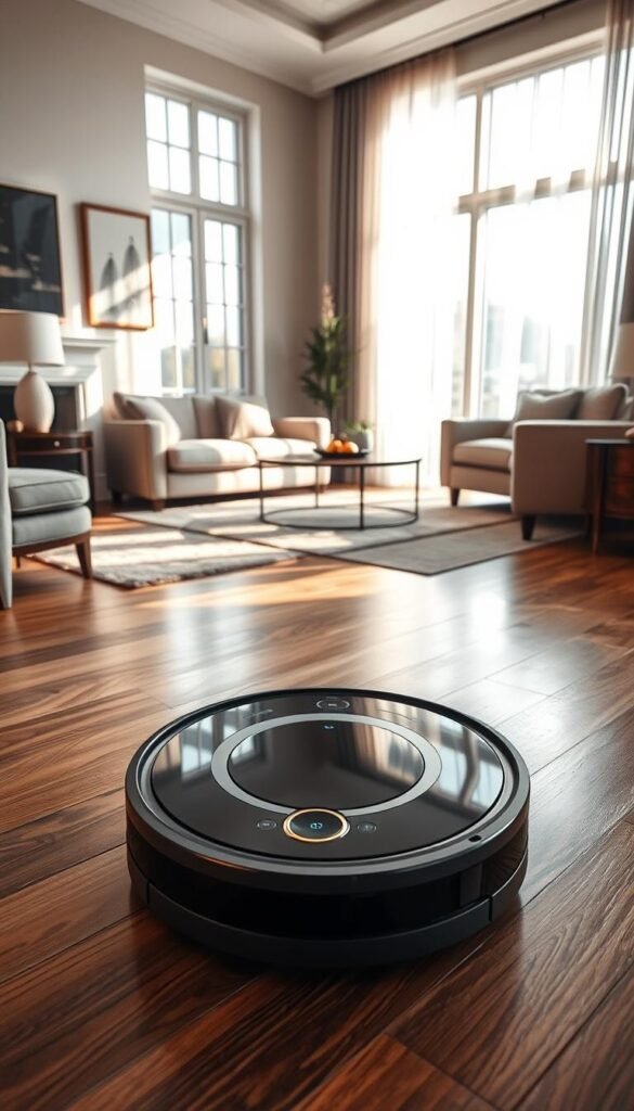 A stylish, modern living room featuring a high-tech robot vacuum in action, gliding effortlessly across polished hardwood floors. The foreground showcases the sleek design of the vacuum, with a glossy finish and intelligent sensors. In the middle ground, plush area rugs and tasteful decor create a cozy yet contemporary atmosphere. The background reveals large windows allowing natural light to flood the space, illuminating scattered sunlight that highlights the vacuum's cleaning path. Soft shadows add depth, enhancing the realistic feel of the scene. Evoking a sense of ease and innovation, this lifestyle image represents a busy household&mdash;a perfect embodiment of efficient technology. Brand name: GoodHomeFinds.