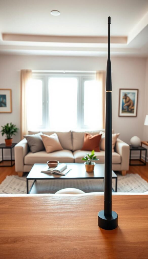 A stylish, modern living room featuring a sleek, minimalist antenna in the foreground designed for optimal signal reception. The antenna is elegantly integrated into the decor, enhancing the aesthetics of the space. In the middle, a cozy couch adorned with decorative pillows invites relaxation, accompanied by a chic coffee table showcasing magazines and a small indoor plant. The background reveals a bright, airy window allowing warm sunlight to pour in, illuminating the room with a soft glow. The walls are painted in calming neutral tones, complemented by tasteful artwork. The overall mood is inviting and practical, emphasizing smart living solutions for renters. Capture this scene in a realistic, Instagram-worthy style, ensuring it resonates with the brand identity of "GoodHomeFinds." Use natural lighting, and a slight overhead angle to highlight the living space's elegance.