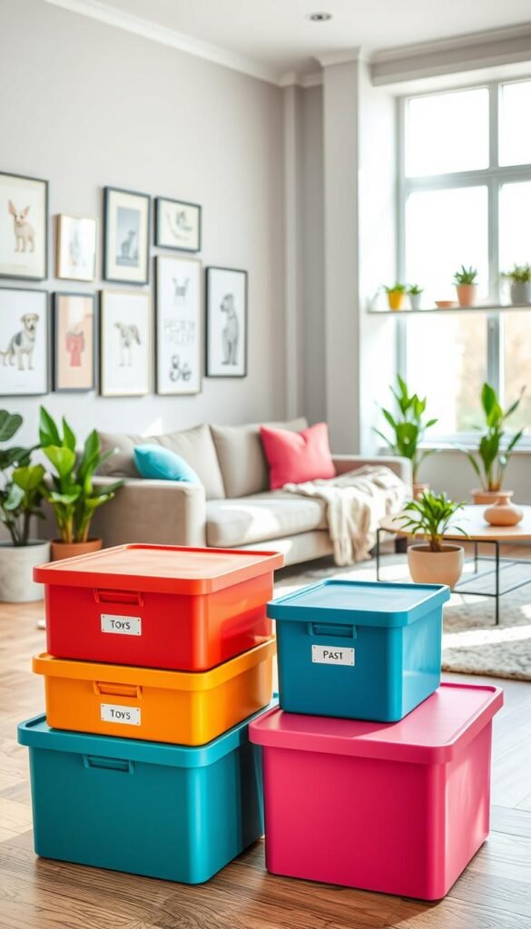 A stylish, modern living room featuring an organized array of colorful storage containers, strategically placed for pet-proofing. In the foreground, a set of sleek, stackable boxes with labels, ensuring easy access to toys and essentials. The middle ground captures a cozy sectional sofa with a soft throw, surrounded by potted plants that add warmth. In the background, a gallery wall of pet-friendly artwork and shelves filled with books and small decor pieces. Soft, natural light spills through a large window, creating a bright and inviting atmosphere. The scene should evoke a sense of practicality and aesthetic charm, ideal for renters and small spaces, showcasing the brand "GoodHomeFinds."