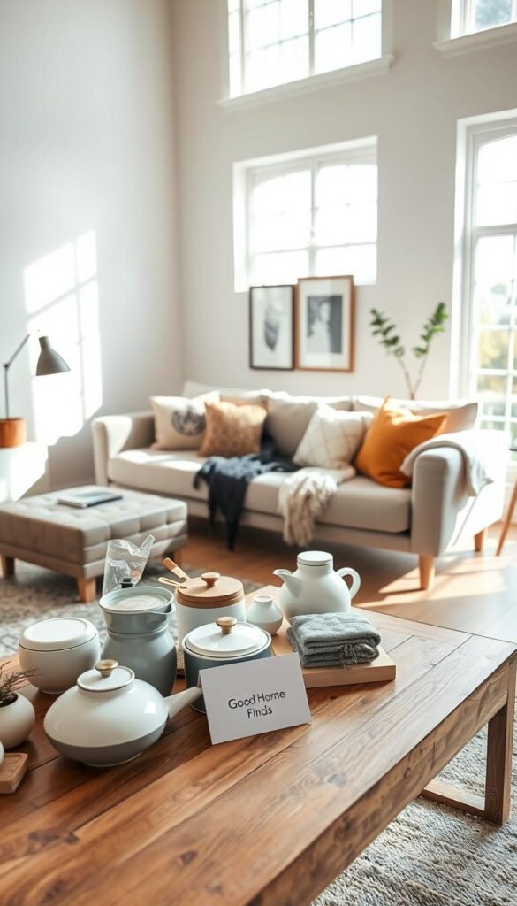 A stylish, modern living room scene centered around smart shopping concepts. In the foreground, a wooden coffee table displays an assortment of neatly arranged affordable but high-quality products like elegant kitchenware, versatile home decor, and chic clothing, subtly branded "GoodHomeFinds". The middle ground features a thoughtfully designed sofa adorned with colorful cushions and a soft blanket, inviting warmth and comfort. The background showcases a bright window allowing natural light to flood in, casting soft shadows that enhance the cozy atmosphere. Use a wide-angle lens to create a spacious feel, and aim for soft focus on the surrounding elements to emphasize the products. The overall mood is inviting, inspiring viewers to consider how thoughtful purchases can enhance their quality of life.