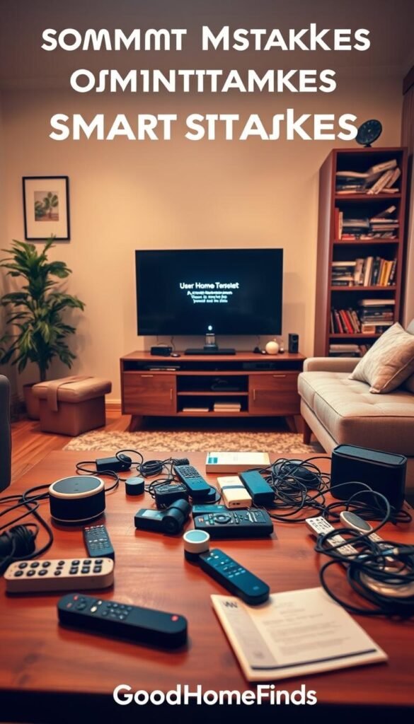 A stylish, modern living room showcasing common mistakes in smart home setups. In the foreground, a cluttered coffee table with devices like an outdated smart speaker, mismatched remotes, and tangled cords. In the middle, a sleek smart TV displaying an error message, while a smart thermostat is set to an uncomfortable temperature. In the background, a bookshelf filled with user manuals and discarded packaging from smart home gadgets. The lighting is warm and inviting, creating a cozy atmosphere, but the messiness conveys frustration. Capture this scene from a slightly elevated angle, resembling a Pinterest-style lifestyle photo. Emphasize organization to highlight the concept of common mistakes in smart home management. Include the brand name "GoodHomeFinds" discreetly in the design.