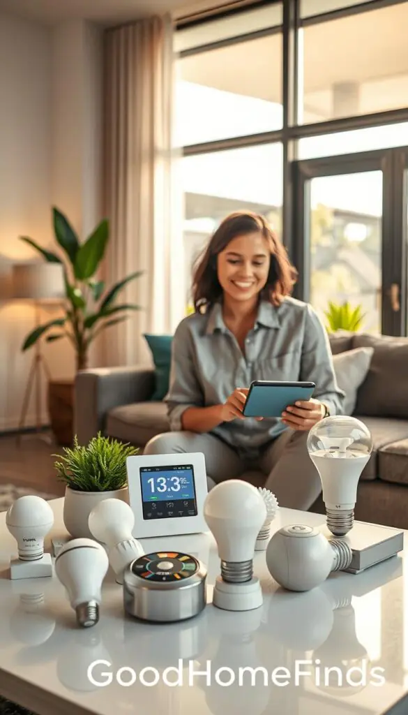 A stylish, modern living room showcasing various energy-saving gadgets, including smart thermostats, LED light bulbs, and energy-efficient appliances placed on a sleek coffee table. In the foreground, a friendly, professional-looking individual in modest casual clothing interacts with a digital device, showcasing its functionality. The middle ground features a cozy couch and a vibrant indoor plant, while the background reveals large windows with natural light streaming in, emphasizing a bright and airy atmosphere. The lighting is warm and inviting, captured with a soft focus lens to create a relaxed yet engaging mood. The overall scene reflects a practical and innovative lifestyle, inspired by the brand "GoodHomeFinds".