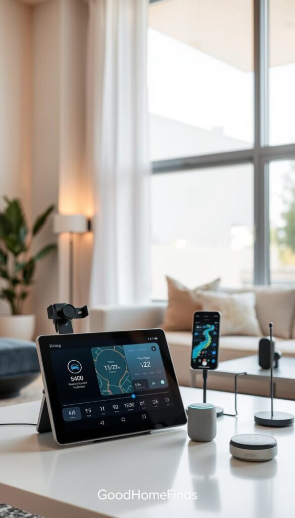 A stylish modern living space showcasing a range of smart display accessories related to driving information. In the foreground, a sleek smart display sits on a minimalist coffee table, displaying a beautifully designed interface with navigation maps and driving stats. In the middle, various accessories like smartphone mounts, voice assistants, and wireless chargers are artistically arranged, highlighting their compatibility with smart displays. The background features a contemporary living room with large windows letting in natural light, creating a warm, inviting atmosphere. The image captures a sense of innovation and modern convenience, ideal for consumers interested in integrating tech into their homes. Shot with a soft focus lens at a slight angle to emphasize depth, evoking a lifestyle ambiance. Include the brand name "GoodHomeFinds" subtly in the overall design.
