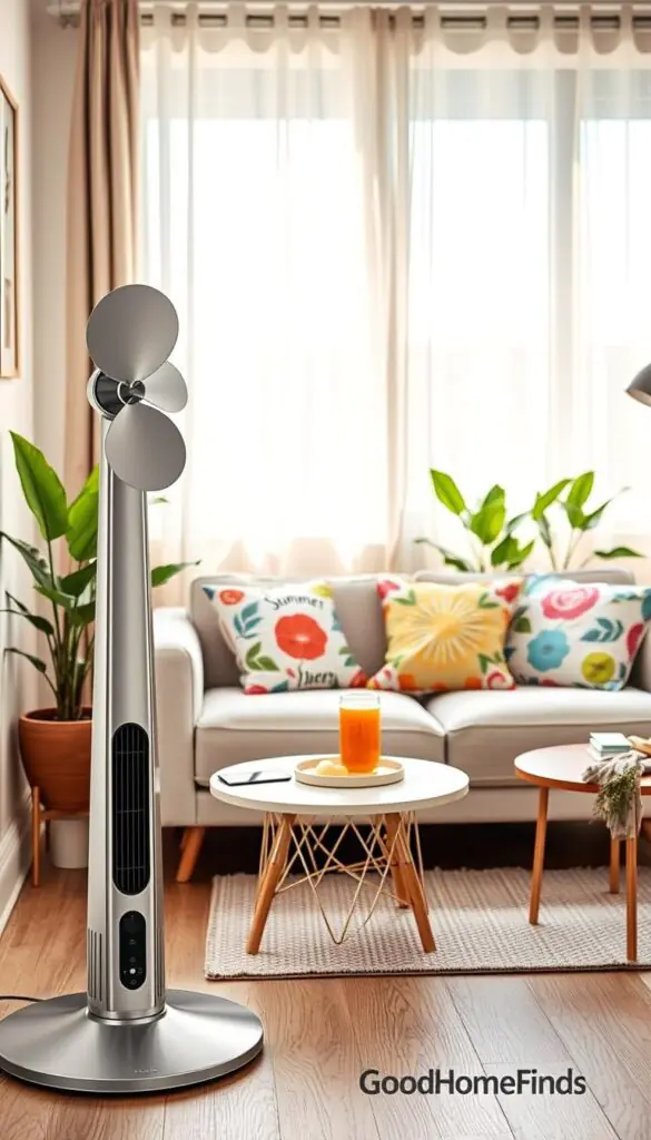 A stylish, modern room in a small apartment featuring a sleek, contemporary fan positioned prominently in the foreground. The fan has a minimalist design, with smooth curves and a polished finish, made from metal and high-quality plastic. In the middle ground, a cozy seating area with a light-colored, plush sofa decorated with vibrant summer-themed cushions adds a touch of liveliness. A small side table holds refreshments, enhancing the cooling atmosphere. Soft, natural light filters through sheer curtains, casting a warm glow over the room. In the background, potted plants bring a touch of greenery, creating a fresh summer vibe. The overall mood is refreshing and comfortable, epitomizing a chic way to stay cool during the summer months. Include branding clearly visible, showing "GoodHomeFinds" elegantly integrated into the aesthetic.