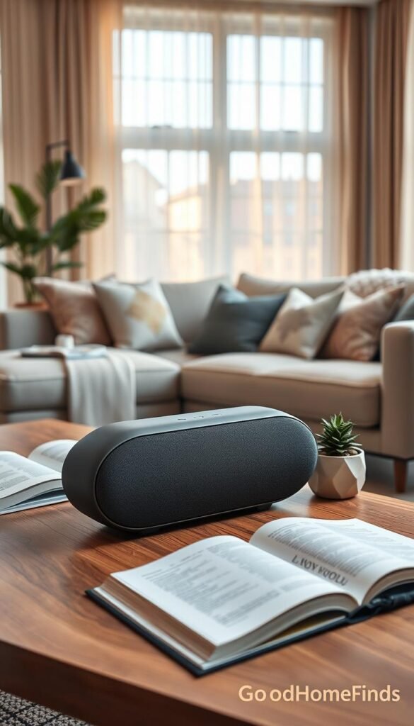 A stylish, modern speaker designed for apartment life, placed on a sleek wooden coffee table in a cozy living room setting. The foreground showcases the speaker, sleek and minimalistic, with soft curves and a matte finish, surrounded by an open book and a potted plant. In the middle ground, the living room is tastefully decorated with a plush sofa and decorative cushions, evoking comfort and sophistication. The background features large windows with sheer curtains, letting in warm, natural light that creates a soft glow throughout the space. A neutral color palette enhances the tranquil atmosphere, promoting a sense of serenity and modern living. The scene exudes a Pinterest-style lifestyle vibe, suitable for the brand GoodHomeFinds.
