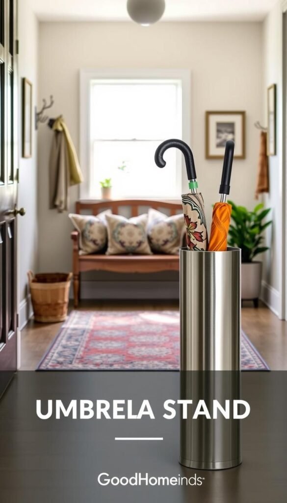 A stylish, modern umbrella stand in a well-lit hallway, designed to prevent puddles and provide a neat entryway solution. The foreground features a sleek, cylindrical umbrella stand crafted from brushed metal, filled with a few elegant, vibrant umbrellas. In the middle ground, a wooden bench with decorative throw pillows invites comfort, and a stylish rug adds warmth to the space. The background showcases a tasteful wall with framed artwork, a small coat rack, and a potted plant providing a touch of greenery. Soft, natural light filters through a nearby window, creating a welcoming atmosphere. The image embodies the spirit of home organization and style, reflecting a Pinterest-worthy entryway curated by GoodHomeFinds.