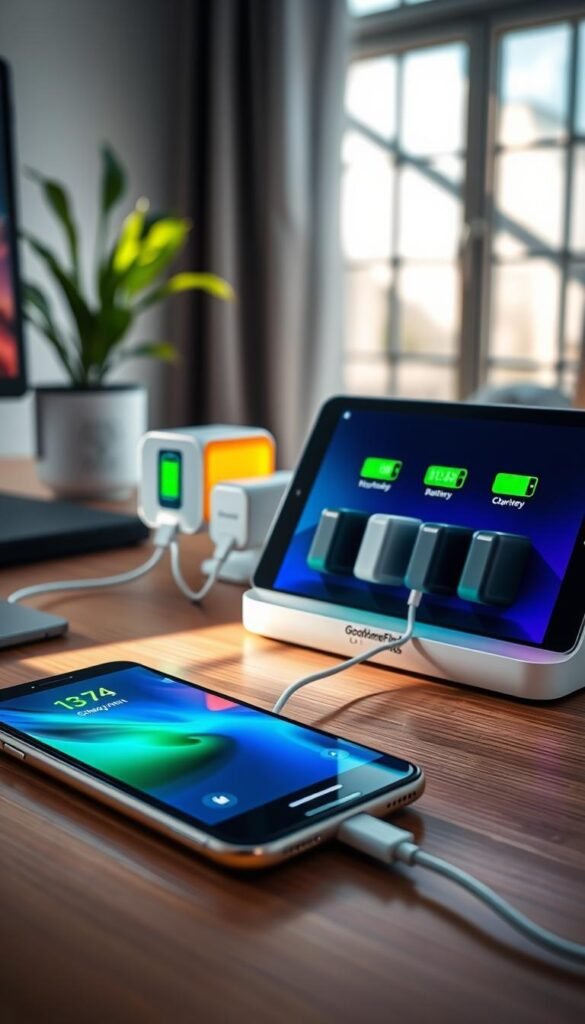 A stylish, modern workspace featuring a sleek, charging station with multiple device chargers plugged into it, showcasing vibrant battery status indicators for various gadgets. In the foreground, a close-up view of a smartphone and tablet on a wooden desk, their screens displaying battery health and charging animations. The middle ground highlights a neatly organized array of chargers with color-coded LED lights, exuding a sense of efficiency. In the background, soft natural light filters through a window, casting gentle shadows and creating an inviting atmosphere. The overall mood is one of productivity and contemporary elegance, evoking the reliability and convenience of modern charging solutions. The brand name "GoodHomeFinds" subtly integrated into the charging station design, enhancing the lifestyle aesthetic. A stylish, modern workspace featuring a sleek, charging station with multiple device chargers plugged into it, showcasing vibrant battery status indicators for various gadgets. In the foreground, a close-up view of a smartphone and tablet on a wooden desk, their screens displaying battery health and charging animations. The middle ground highlights a neatly organized array of chargers with color-coded LED lights, exuding a sense of efficiency. In the background, soft natural light filters through a window, casting gentle shadows and creating an inviting atmosphere. The overall mood is one of productivity and contemporary elegance, evoking the reliability and convenience of modern charging solutions. The brand name "GoodHomeFinds" subtly integrated into the charging station design, enhancing the lifestyle aesthetic.
