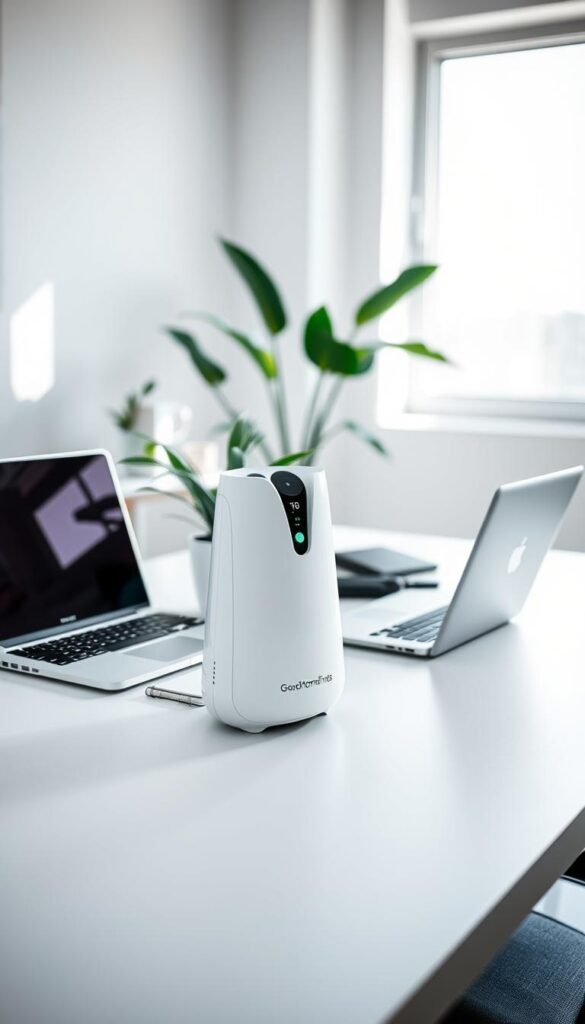 A stylish, modern workspace featuring a sleek, minimalistic desk setup showcasing the "GoodHomeFinds" brand. In the foreground, a beautifully designed air purifier sits elegantly on the desk, with soft, ambient lighting highlighting its curves and features. The middle section includes a laptop and a notepad, arranged neatly with a potted plant adding a touch of greenery. In the background, a well-lit window reveals a bright office environment, with natural light streaming in. The mood is calm and productive, emphasizing the balance between budget and premium gadgets. Use a shallow depth of field to create a soft blur in the background, focusing sharply on the air purifier. The overall composition should evoke a sense of tranquility and organized elegance.