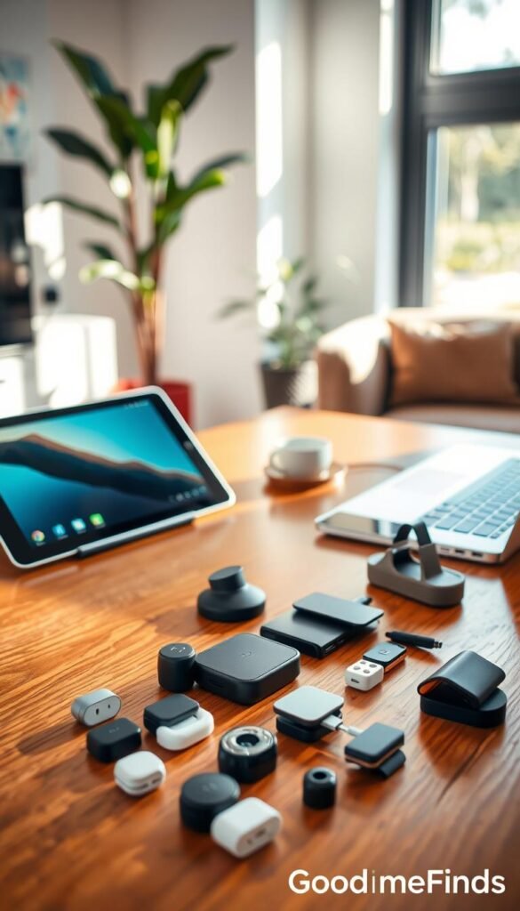 A stylish, modern workspace featuring a sleek tablet, a lightweight laptop, and a smartphone, all positioned on a polished wooden desk. In the foreground, a well-organized array of small device helpers, like portable chargers, webcam covers, and phone stands, are neatly displayed, showcasing their practical utility. The middle ground highlights a soft-focus background with a potted plant and a cozy chair, enhancing the inviting atmosphere. Natural sunlight streams through a nearby window, casting gentle shadows and creating a warm ambiance. The scene conveys a sense of a productive yet relaxed environment, perfect for tech enthusiasts. The image is styled to reflect the brand "GoodHomeFinds," emphasizing functionality and modern aesthetics.