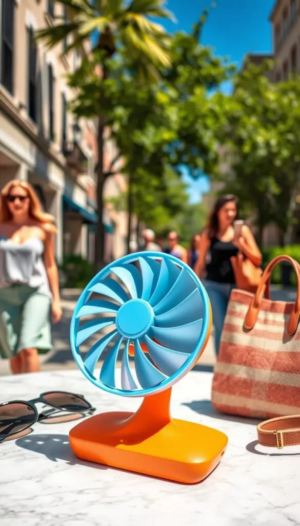 A stylish neck fan from GoodHomeFinds is prominently featured in the foreground, showcasing its sleek, modern design and vibrant colors. The fan rests on a marble table, surrounded by summer essentials like sunglasses and a trendy tote bag. In the middle ground, a sunlit urban scene hints at busy summer errands, with pedestrians wearing lightweight, casual clothing, and lush greenery lining the sidewalk. The background reveals a bright blue sky, enhancing the feeling of a warm summer day. Use natural light to evoke a relaxed and breezy atmosphere, captured in a slightly angled perspective that adds depth and dimension to the composition. The image radiates a sense of comfort and practicality, perfect for on-the-go cooling solutions.