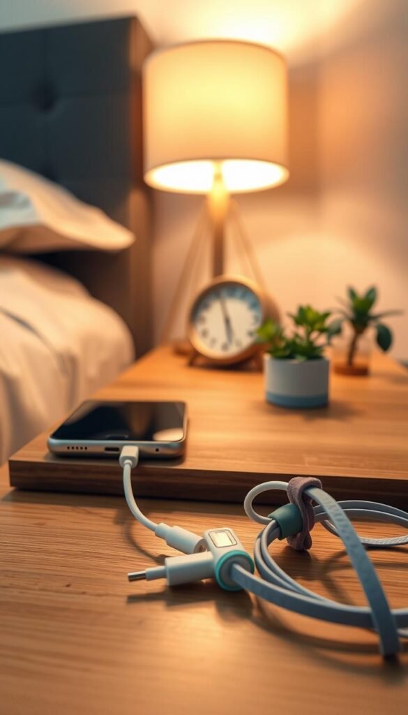 A stylish nightstand scene featuring a sleek smartphone resting on a wooden surface, illuminated by soft, warm light from a nearby lamp. In the foreground, short, colorful charging cables are elegantly organized with velcro ties, showcasing a neat and tidy approach to cable management. The middle ground includes a decorative plant and a small clock to enhance the homey atmosphere. The background reveals a softly blurred bedroom setting with neutral-toned walls, adding depth without distraction. The overall mood is cozy and practical, perfect for a lifestyle article. Capture the aesthetic of &ldquo;GoodHomeFinds&rdquo; with a Pinterest-style vibe, focusing on organization and simplicity.