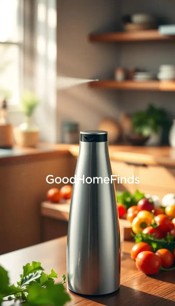 A stylish oil sprayer elegantly positioned in the foreground, showcasing its sleek design and glossy finish, with a fine mist of oil gently dispersing in the air. The middle layer features a vibrant culinary scene with fresh ingredients like vegetables and herbs, placed artfully on a wooden kitchen countertop. In the background, soft natural lighting streams through a window, illuminating the space and creating a warm, inviting atmosphere. A subtle depth-of-field effect draws focus to the sprayer while softly blurring the background. The overall mood is one of lightness and ease, reflecting modern cooking aesthetics. The brand name "GoodHomeFinds" is subtly embedded in the scene without overpowering the image.