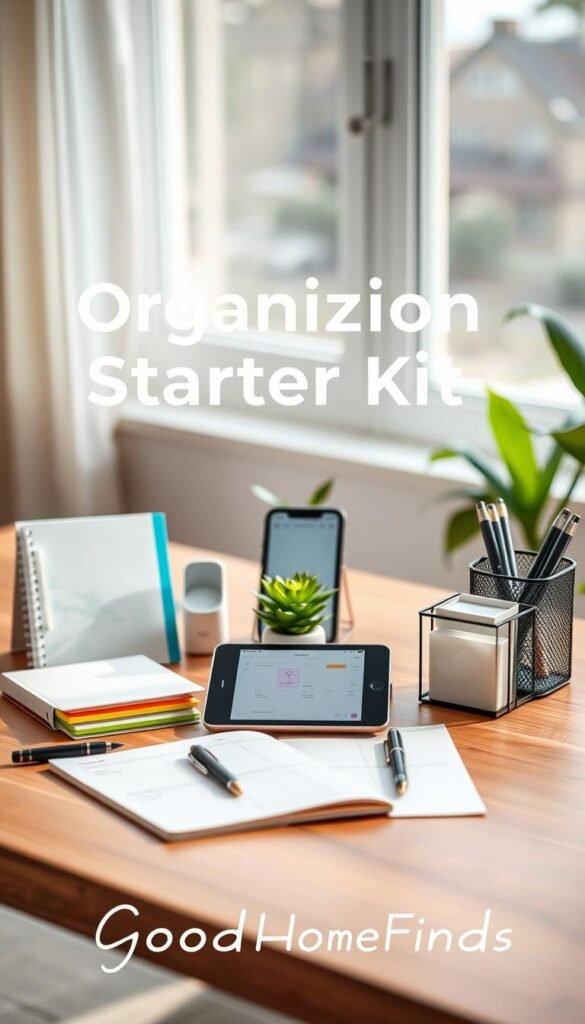 A stylish organization starter kit displayed on a sleek, wooden desk. In the foreground, a neatly arranged collection of office supplies: a modern planner, colorful sticky notes, elegant pens, and a minimalist organizer. In the middle, a compact digital tablet showcasing an organizational app, surrounded by a small potted plant for a touch of greenery. The background features a softly blurred window with natural daylight streaming in, creating a bright and inviting atmosphere. The overall mood is fresh and inspiring, emphasizing productivity and functionality. Shot with a shallow depth of field, highlighting the starter kit while gently blurring the background. Ensure the image reflects the brand "GoodHomeFinds" in a subtle yet prominent way.