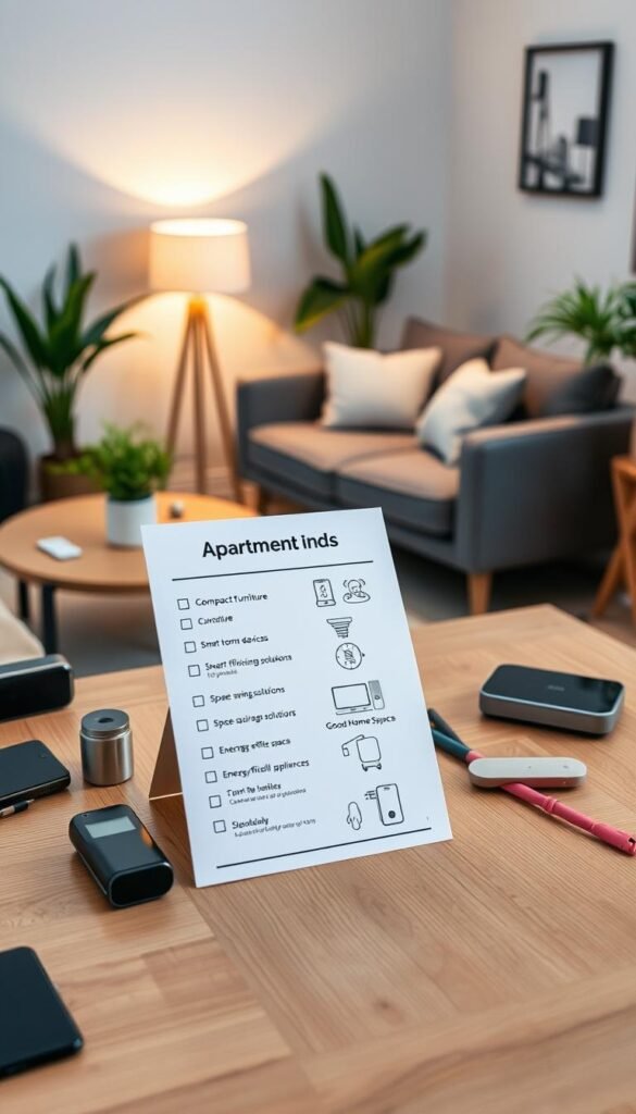A stylish, organized apartment space checklist displayed prominently on a wooden table, with various apartment-friendly gadgets scattered around it. The checklist includes items like compact furniture, smart home devices, space-saving storage solutions, and energy-efficient appliances, illustrated with small icons. In the background, a modern living room with a cozy, inviting atmosphere, featuring plant decor, soft lighting from a stylish lamp, and a compact couch, showcases the small living space aesthetic. The scene is captured with a warm, natural light tone, using a slightly elevated angle to highlight the checklist and gadgets clearly, aiming for a Pinterest-style lifestyle photo that resonates with modern apartment living and tech functionality. Include the brand name "GoodHomeFinds" subtly in the composition.