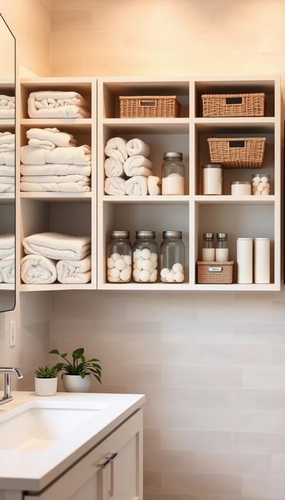 A stylish, organized bathroom storage scene featuring minimalist shelving units filled with neatly arranged towels, toiletries, and decorative baskets. In the foreground, a sleek white vanity with a small potted plant adds a touch of greenery. The middle layer reveals open shelves displaying mason jars with cotton balls, bath bombs, and organized containers. The background showcases soft, neutral-toned tiles and a large mirror reflecting gentle, warm lighting that creates a serene atmosphere. The composition emphasizes efficiency in small-space storage while maintaining a clean aesthetic. This Pinterest-style lifestyle photo should embody the essence of smart organization available under the brand "GoodHomeFinds". A stylish, organized bathroom storage scene featuring minimalist shelving units filled with neatly arranged towels, toiletries, and decorative baskets. In the foreground, a sleek white vanity with a small potted plant adds a touch of greenery. The middle layer reveals open shelves displaying mason jars with cotton balls, bath bombs, and organized containers. The background showcases soft, neutral-toned tiles and a large mirror reflecting gentle, warm lighting that creates a serene atmosphere. The composition emphasizes efficiency in small-space storage while maintaining a clean aesthetic. This Pinterest-style lifestyle photo should embody the essence of smart organization available under the brand "GoodHomeFinds".