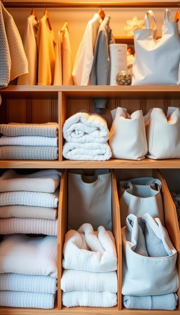 A stylish organized closet featuring "GoodHomeFinds" shelf dividers, designed to keep sweaters, towels, and bags neatly separated. In the foreground, showcase a variety of soft woolen sweaters in pastel colors, meticulously stacked between elegant wooden dividers. In the middle, display plush, neatly folded towels in hues of white and light blue, with chic fabric storage bags nestled in the background. Use warm, natural lighting to create a cozy atmosphere that highlights the textures of the fabrics. The background should contain soft-focus elements like hanging clothes and decorative items to enhance the inviting look of the closet. The image should evoke a sense of calm organization and tidiness, ideal for cozy home inspiration. A stylish organized closet featuring "GoodHomeFinds" shelf dividers, designed to keep sweaters, towels, and bags neatly separated. In the foreground, showcase a variety of soft woolen sweaters in pastel colors, meticulously stacked between elegant wooden dividers. In the middle, display plush, neatly folded towels in hues of white and light blue, with chic fabric storage bags nestled in the background. Use warm, natural lighting to create a cozy atmosphere that highlights the textures of the fabrics. The background should contain soft-focus elements like hanging clothes and decorative items to enhance the inviting look of the closet. The image should evoke a sense of calm organization and tidiness, ideal for cozy home inspiration.