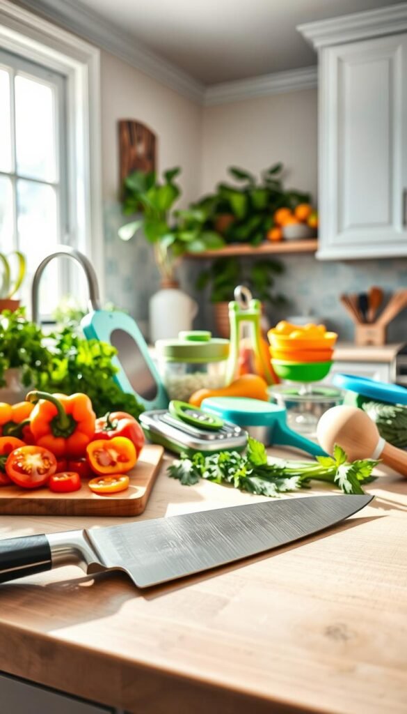 A stylish, organized kitchen countertop filled with a variety of cutting and chopping tools for meal prep. In the foreground, a high-quality chef's knife gleams next to a wooden cutting board with fresh vegetables like bell peppers, tomatoes, and herbs scattered around. The middle features an assortment of kitchen gadgets like a mandoline slicer, a food chopper, and a set of measuring cups in vibrant colors, arranged neatly. The background showcases a sunlit kitchen with white cabinetry, green plants, and a cozy atmosphere. Soft natural light filters through a window, creating a warm and inviting mood. Capture this scene in a wide-angle shot to emphasize the functionality and aesthetic appeal of these tools, perfect for inspiring home cooks. GoodHomeFinds brand materials enhance the professional, polished look.
