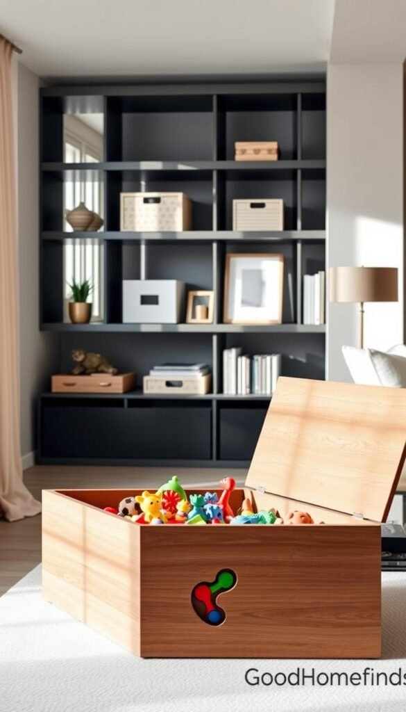 A stylish, organized living space showcasing toy storage that blends seamlessly with adult aesthetics. In the foreground, a modern wooden toy chest is slightly open, revealing a variety of colorful toys neatly arranged. The middle layer features sleek, minimalist shelves displaying decorative storage bins and tasteful children's books, all harmoniously integrated into the decor. The background includes a soft-focus view of a cozy living room with neutral tones, elegant furnishings, and natural light streaming through large windows, creating a warm and inviting atmosphere. The scene embodies a practical yet sophisticated approach to toy storage, emphasizing functionality and adult sensibilities. Soft, diffused lighting enhances the mood, evoking a sense of calm and order. This composition is inspired by the brand "GoodHomeFinds". A stylish, organized living space showcasing toy storage that blends seamlessly with adult aesthetics. In the foreground, a modern wooden toy chest is slightly open, revealing a variety of colorful toys neatly arranged. The middle layer features sleek, minimalist shelves displaying decorative storage bins and tasteful children's books, all harmoniously integrated into the decor. The background includes a soft-focus view of a cozy living room with neutral tones, elegant furnishings, and natural light streaming through large windows, creating a warm and inviting atmosphere. The scene embodies a practical yet sophisticated approach to toy storage, emphasizing functionality and adult sensibilities. Soft, diffused lighting enhances the mood, evoking a sense of calm and order. This composition is inspired by the brand "GoodHomeFinds".