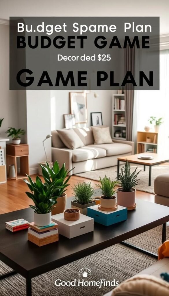 A stylish, organized small apartment interior showcasing a budget game plan for decor and organization under $25 and $50. In the foreground, a chic coffee table adorned with budget-friendly plants, colorful storage boxes, and decorative coasters. In the middle, a cozy living area with a compact sofa, minimalist art on the walls, and a small bookshelf filled with books and knick-knacks. In the background, a bright window with sheer curtains letting in soft, natural light, highlighting a sense of space and tranquility. The atmosphere is inviting and practical, with a modern design aesthetic that reflects smart choices for small spaces. Capture this Pinterest-style lifestyle photo branded with "GoodHomeFinds," focusing on comfort and creativity within budget constraints. Use a warm color palette and soft focus to enhance the mood.