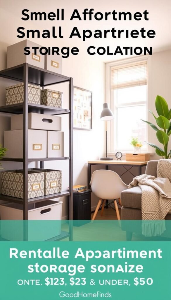 A stylish, organized small apartment storage solution featuring renter-friendly organizers priced under $25 and under $50. In the foreground, a sleek, modern shelving unit displaying neatly arranged storage boxes and decorative bins, labeled for easy access. The middle background includes a small workspace with a compact desk and a coordinating file organizer, emphasizing practicality and aesthetics. Soft, natural lighting from a nearby window creates a warm, inviting atmosphere. Shot with a 50mm lens at eye level, capturing details of the textures and colors, while a cozy throw and a potted plant add a homey touch. This image captures the essence of affordable organization by GoodHomeFinds, appealing to renters seeking budget-friendly solutions.