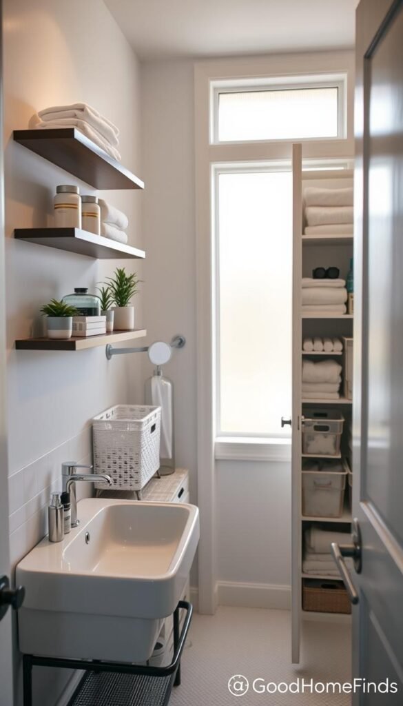 A stylish, organized small bathroom showcasing innovative storage solutions. In the foreground, sleek, wall-mounted shelves display neatly folded towels, decorative jars with toiletries, and small potted plants, creating a serene atmosphere. In the middle ground, a tidy sink area features minimalist storage baskets holding cosmetics and grooming essentials. Behind, a compact closet door slightly ajar reveals hanging organizers storing cleaning supplies and folded linens. Soft, natural lighting streams through a frosted window, illuminating the space and enhancing the calming mood. The camera angle is a slightly elevated view to capture the layout effectively. The image reflects a modern, Pinterest-style aesthetic, embodying the essence of smart organization, inspired by the brand "GoodHomeFinds."