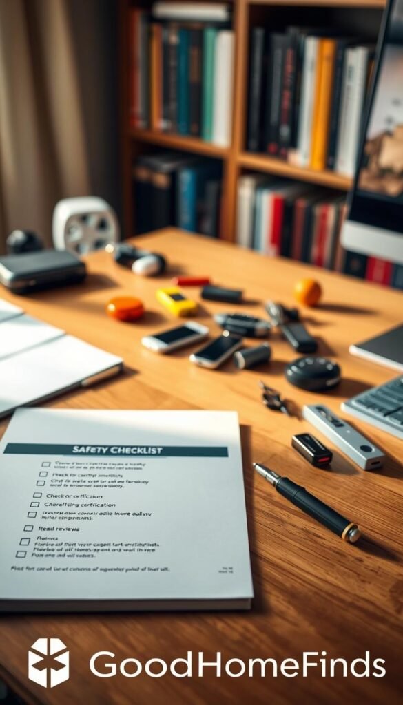 A stylish, organized workspace showcasing a gadget safety checklist on a sleek wooden desk, surrounded by various useful gadgets priced under $25. In the foreground, the checklist, elegantly formatted, emphasizes safety and compliance, with bullet points like "Check for certification" and "Read reviews". In the middle ground, small gadget items such as a phone charger, compact tool, and kitchen gadgets are artfully arranged, with soft natural lighting illuminating them to create a warm atmosphere. In the background, a blurred bookshelf filled with tech books gives context. The overall mood is informative and inviting, perfect for Pinterest-style lifestyle imagery. The brand name "GoodHomeFinds" is subtly represented through a product or item in the scene, enhancing the thematic connection without text.