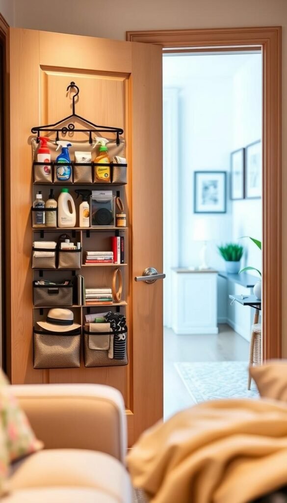 A stylish over-the-door organizer from GoodHomeFinds, showcasing a blend of functionality and modern aesthetics. The foreground features the organizer with multiple compartments, neatly arranged, displaying various items like cleaning supplies, accessories, and books. In the middle ground, a light-colored wooden door is slightly ajar, enhancing the sense of space, while a soft, ambient light bathes the scene, creating a warm and inviting atmosphere. The background includes a subtle glimpse of a cozy, well-decorated room, with hints of greenery from a nearby potted plant and tasteful wall art. The image captures the ideal lifestyle moment, focusing on the ease and efficiency of small-space living, with photographic depth and clarity that evokes inspiration for organization and style. The composition is shot at eye level, emphasizing the practicality of the organizer in everyday life.