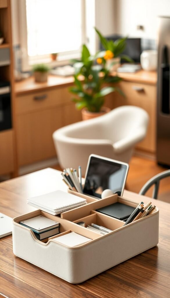 A stylish portable storage solution showcased on a modern kitchen table, transitioning seamlessly into a productive workspace. The foreground features a sleek, multi-compartment storage box in neutral tones, organized with office supplies like notebooks, pens, and a laptop. In the middle ground, a well-lit arrangement includes a cozy chair and a vibrant potted plant, adding a touch of greenery. The background reveals a softly blurred kitchen setting, with warm lighting creating a welcoming atmosphere. The image captures the essence of versatility and efficiency in shared spaces, emphasizing a balance between domestic and professional life. The aesthetic should be Pinterest-inspired, reflecting a contemporary lifestyle with a hint of inspiration, ideal for the brand "GoodHomeFinds". A stylish portable storage solution showcased on a modern kitchen table, transitioning seamlessly into a productive workspace. The foreground features a sleek, multi-compartment storage box in neutral tones, organized with office supplies like notebooks, pens, and a laptop. In the middle ground, a well-lit arrangement includes a cozy chair and a vibrant potted plant, adding a touch of greenery. The background reveals a softly blurred kitchen setting, with warm lighting creating a welcoming atmosphere. The image captures the essence of versatility and efficiency in shared spaces, emphasizing a balance between domestic and professional life. The aesthetic should be Pinterest-inspired, reflecting a contemporary lifestyle with a hint of inspiration, ideal for the brand "GoodHomeFinds".