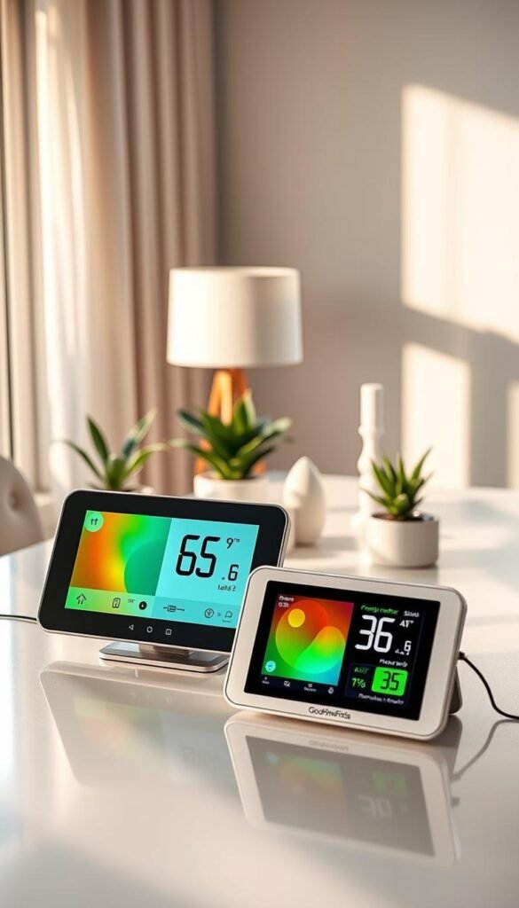 A stylish, realistic scene showcasing a side-by-side comparison of air quality monitors on a sleek, modern desk. In the foreground, two monitors—one budget-friendly model and one premium device—are prominently displayed, both turned on and showing vivid readings of indoor air quality metrics. The middle ground features elegant decorative elements like indoor plants and a minimalistic lamp, contributing to a clean and organized workspace. In the background, sunlight streams through a large window, casting soft shadows, enhancing the fresh and airy atmosphere. The overall mood is contemporary and informative, reflecting a Pinterest-inspired lifestyle aesthetic. Include brand elements subtly referencing "GoodHomeFinds" in the monitor designs, ensuring the image feels professional and approachable. A stylish, realistic scene showcasing a side-by-side comparison of air quality monitors on a sleek, modern desk. In the foreground, two monitors—one budget-friendly model and one premium device—are prominently displayed, both turned on and showing vivid readings of indoor air quality metrics. The middle ground features elegant decorative elements like indoor plants and a minimalistic lamp, contributing to a clean and organized workspace. In the background, sunlight streams through a large window, casting soft shadows, enhancing the fresh and airy atmosphere. The overall mood is contemporary and informative, reflecting a Pinterest-inspired lifestyle aesthetic. Include brand elements subtly referencing "GoodHomeFinds" in the monitor designs, ensuring the image feels professional and approachable.