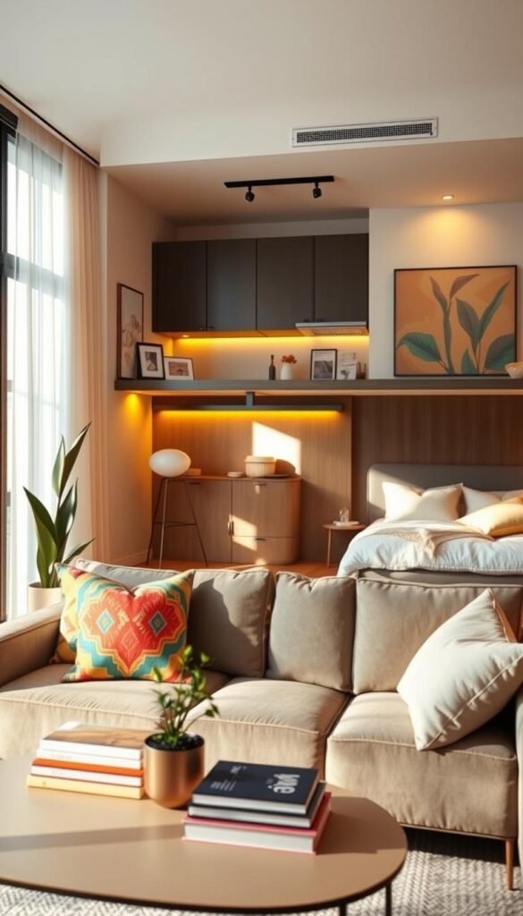 A stylish rental apartment interior featuring a cozy living room, a modern kitchen, and a serene bedroom, all showcasing renter-friendly designs. In the foreground, a comfortable sofa adorned with vibrant throw pillows, a chic coffee table with a few decorative books, and a potted plant create a welcoming atmosphere. The middle layer showcases a sleek, fully-equipped kitchen with a breakfast bar and vibrant artwork on the walls, while the background reveals a peaceful bedroom with soft textiles and natural light streaming through a large window. The lighting is warm and inviting, with a slight golden hue, evoking a relaxed home environment. The overall mood is stylish yet functional, perfect for renters seeking innovative home solutions. Visualize in a Pinterest-style, realistic aesthetic. GoodHomeFinds.