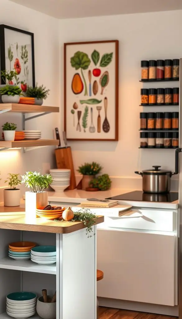 A stylish, renter-friendly tiny kitchen featuring a no-drill setup that encourages a smooth cooking workflow. In the foreground, display a modern, compact kitchen island with open shelves holding colorful dishes and potted herbs. The middle ground showcases a sleek countertop with a high-quality knife block, a cutting board, and organic ingredients ready for meal prep, all bathed in warm, inviting light. The background reveals framed artwork of culinary herbs and spices, alongside magnetic spice jars neatly arranged on the walls. Include soft, ambient lighting that enhances a cozy, homey atmosphere, shot from a slightly elevated angle to capture the full layout. Emphasize the stylish design elements that embody a Pinterest aesthetic for "GoodHomeFinds".