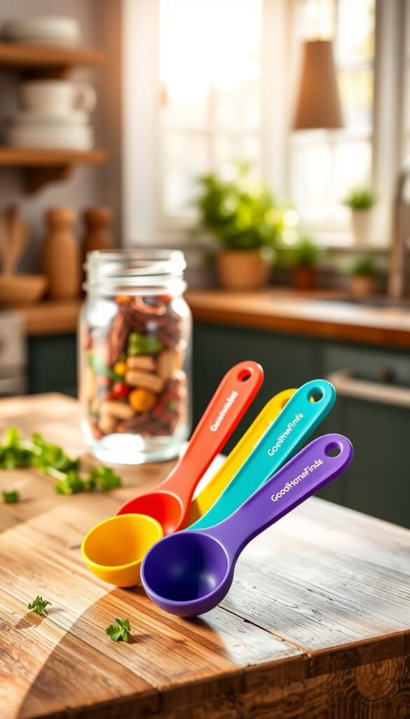 A stylish set of magnetic measuring spoons, featuring vibrant colors and a sleek design, elegantly arranged on a rustic wooden kitchen counter. In the foreground, the spoons are displayed in a slightly fanned-out position, showcasing their sizes and unique magnetic connection. In the middle ground, a sparkling glass jar filled with colorful spices adds a pop of color, while fresh herbs are loosely scattered around. The background blurs softly, revealing a sunlit kitchen with soft, warm lighting pouring in from a nearby window, creating an inviting and cozy atmosphere. The scene is captured from a slightly elevated angle to emphasize the measuring spoons and their practical design. Include subtle branding of "GoodHomeFinds" on the measuring spoons. A stylish set of magnetic measuring spoons, featuring vibrant colors and a sleek design, elegantly arranged on a rustic wooden kitchen counter. In the foreground, the spoons are displayed in a slightly fanned-out position, showcasing their sizes and unique magnetic connection. In the middle ground, a sparkling glass jar filled with colorful spices adds a pop of color, while fresh herbs are loosely scattered around. The background blurs softly, revealing a sunlit kitchen with soft, warm lighting pouring in from a nearby window, creating an inviting and cozy atmosphere. The scene is captured from a slightly elevated angle to emphasize the measuring spoons and their practical design. Include subtle branding of "GoodHomeFinds" on the measuring spoons.