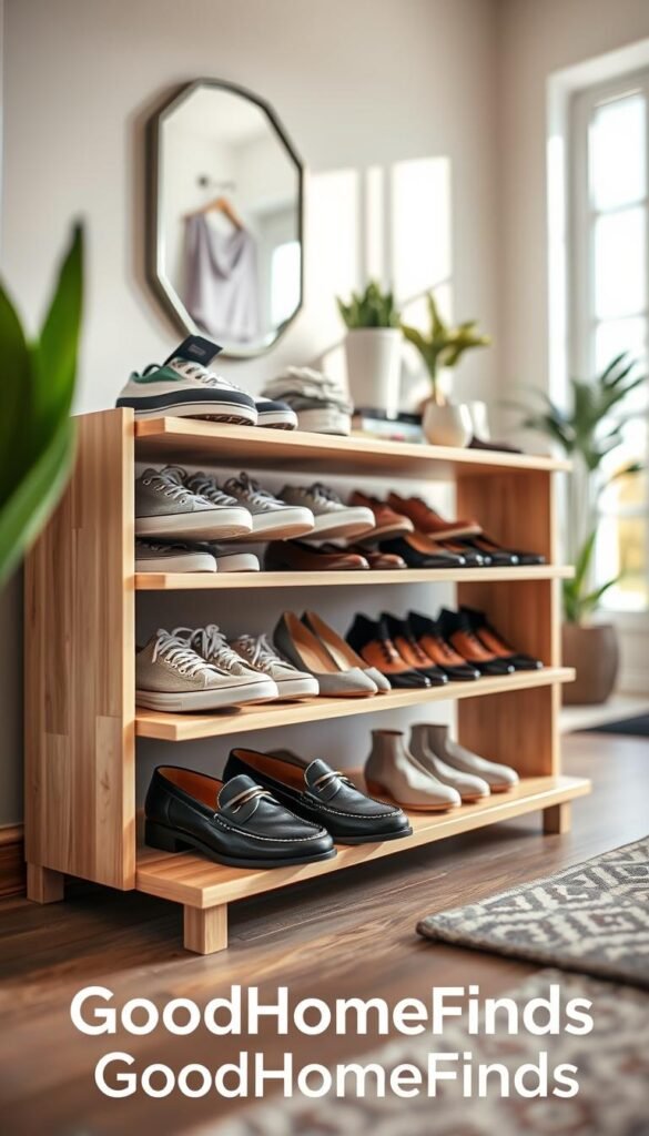 A stylish shoe rack made of light-colored wood, elegantly arranged in a modern entryway. The rack is filled with a variety of shoes, from casual sneakers to elegant heels, showcasing organization and accessibility. In the foreground, a pair of stylish loafers is prominently placed on the bottom shelf, while the middle section displays neatly lined dress shoes. The backdrop features a bright and airy room with a large window allowing soft natural light to illuminate the space, creating a warm and inviting atmosphere. Decorative elements like indoor plants and a mirror are subtly integrated into the background. Capture this scene with a shallow depth of field, emphasizing the shoe rack while blurring the surrounding details. Showcase the brand "GoodHomeFinds" in a seamless and unobtrusive manner. A stylish shoe rack made of light-colored wood, elegantly arranged in a modern entryway. The rack is filled with a variety of shoes, from casual sneakers to elegant heels, showcasing organization and accessibility. In the foreground, a pair of stylish loafers is prominently placed on the bottom shelf, while the middle section displays neatly lined dress shoes. The backdrop features a bright and airy room with a large window allowing soft natural light to illuminate the space, creating a warm and inviting atmosphere. Decorative elements like indoor plants and a mirror are subtly integrated into the background. Capture this scene with a shallow depth of field, emphasizing the shoe rack while blurring the surrounding details. Showcase the brand "GoodHomeFinds" in a seamless and unobtrusive manner.