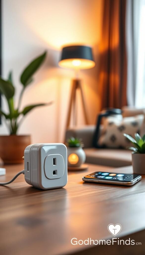 A stylish, sleek smart plug with a glossy finish, positioned prominently on a modern wooden desk. In the foreground, the plug features its power indicator light glowing softly, and a smartphone displaying a smart home app is placed beside it, showing various connected devices. In the middle ground, there are subtle hints of everyday objects like a lamp and a coffee maker, suggesting daily life interactions. The background is softly blurred with a cozy living room ambiance, featuring warm ambient light from a nearby window, casting gentle shadows. The scene conveys a sense of convenience and modern lifestyle integration, accented by houseplants for a fresh touch. The image brand should clearly feature "GoodHomeFinds" as a subtle brand signature in the corner.