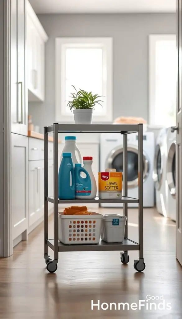 A stylish slim rolling cart positioned prominently in a modern laundry room setup. The cart features three sleek, open shelves filled with neatly organized laundry essentials like detergent, fabric softeners, and colorful baskets. In the foreground, highlight a potted plant on the top shelf, adding a touch of greenery. The middle ground showcases a bright, well-lit laundry area with white cabinets, gray walls, and a large window allowing natural light to stream in, creating a warm and inviting atmosphere. In the background, glimpses of a chic washing machine and dryer can be seen. Use soft, diffused lighting to enhance the cozy feel. The composition should emulate a Pinterest-style lifestyle photo, radiating tidiness and functionality. Include subtle branding elements suggesting "GoodHomeFinds."