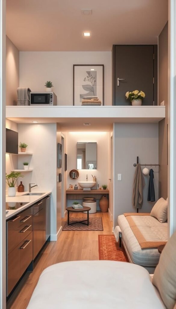 A stylish small apartment interior, showcasing distinct zones for kitchen, bathroom, living room, bedroom, and entryway. In the foreground, a trendy kitchen with modern appliances, organized countertops, and potted herbs; a cozy living room with a chic sofa, coffee table, and decorative plants; a relaxing bedroom with soft bedding and minimalistic decor. In the middle ground, a contemporary bathroom featuring elegant tiles and plush towels. The background includes a well-lit entryway with a stylish coat rack and fresh flowers. The lighting is warm and inviting, creating a cozy atmosphere. Capture the essence of a clean, functional, and beautifully designed living space, reflecting the brand "GoodHomeFinds." Use a slightly elevated angle to enhance depth and detail in each zone, reminiscent of appealing Pinterest lifestyle photos.